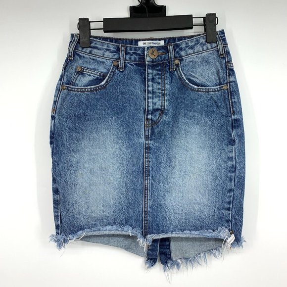 One Teaspoon Denim Skirt Blue Button Fly Pencil Fray High Waist - Picture 1 of 13